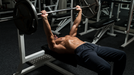 Allenamento di bodybuilding in palestra con bilanciere su panca piana: esempio di esercizio di forza in cui la creatina migliora performance e massa muscolare.