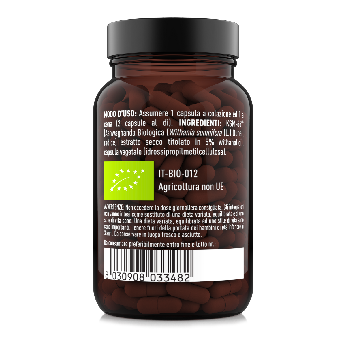 Retro etichetta Ashwagandha BIO KSM-66 60 capsule – ingredienti, modo d’uso e informazioni integratore