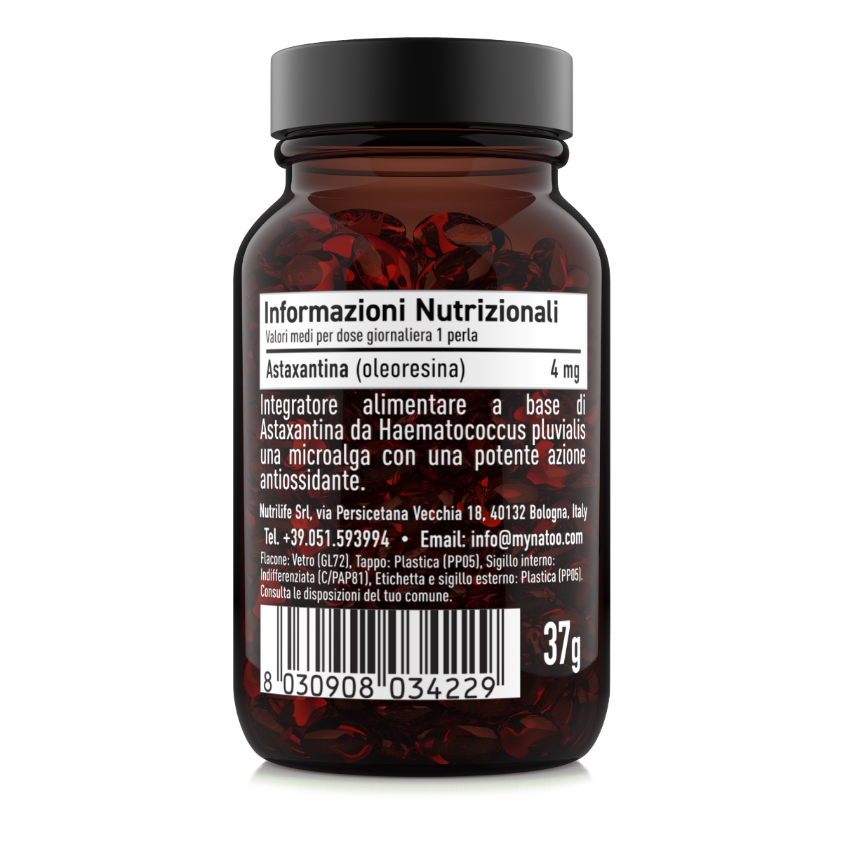Astaxantina 4 mg in oleoresina Natoo retro flacone con informazioni nutrizionali.