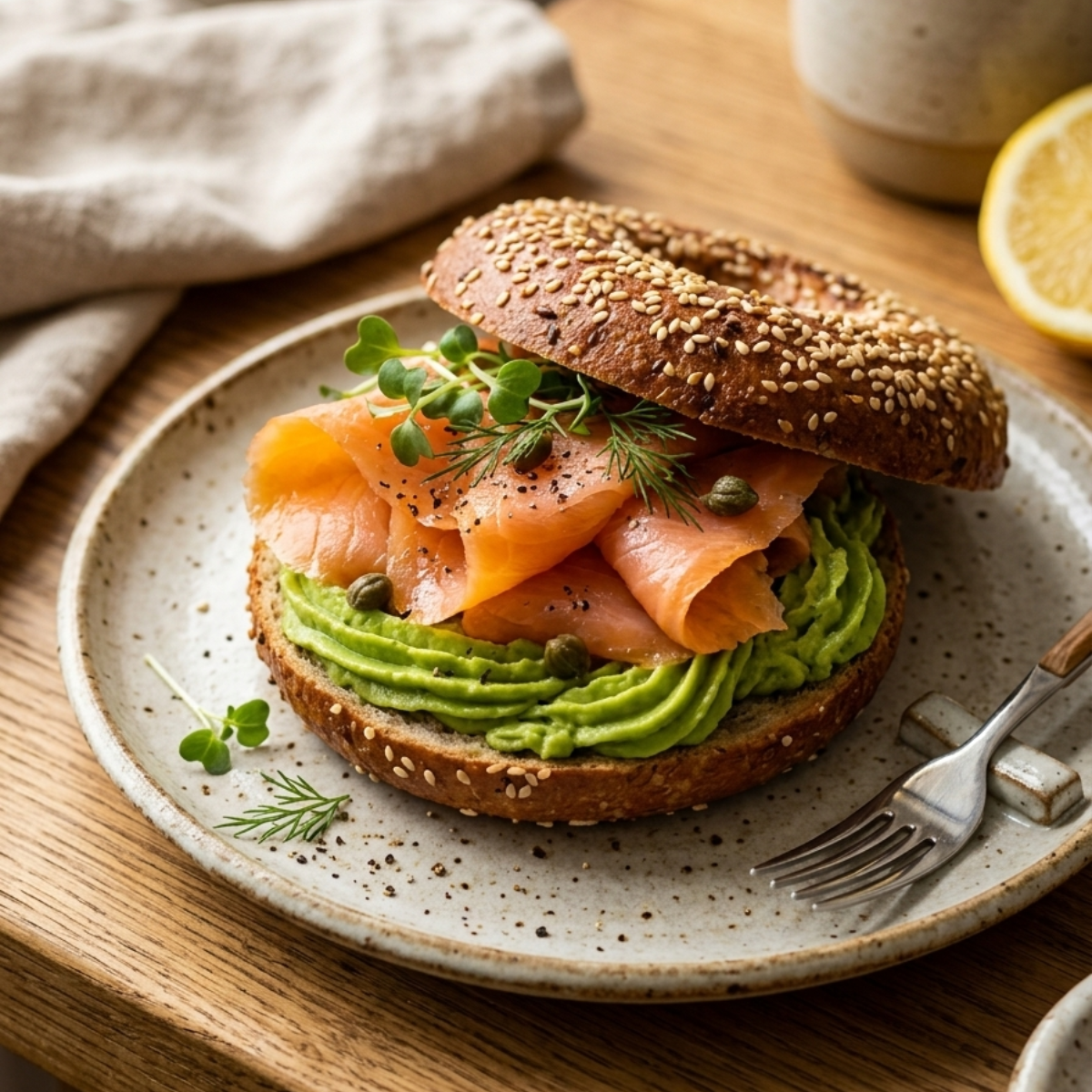 Bagel proteico con semi farcito con salmone e crema di avocado, sandwich proteico ricco di fibre