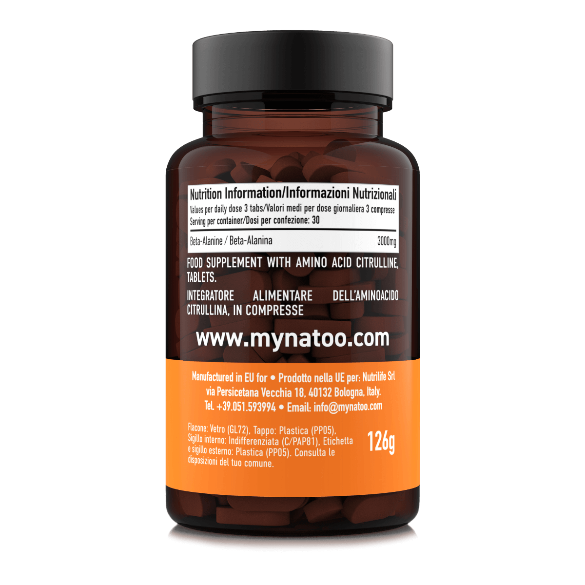 Etichetta Beta Alanina Natoo compresse con tabella nutrizionale