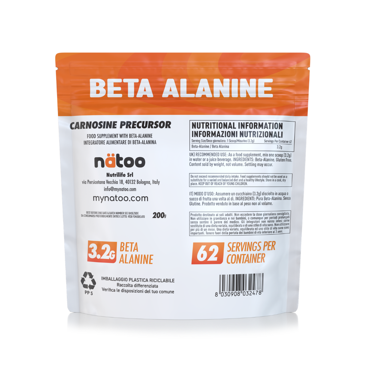 Beta Alanina Natoo 200g informazioni nutrizionali 3,2 g per dose 62 servings retro confezione