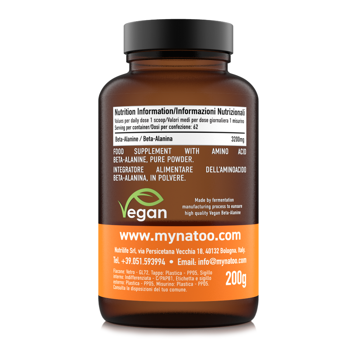 Etichetta Beta Alanina Natoo con tabella nutrizionale e info