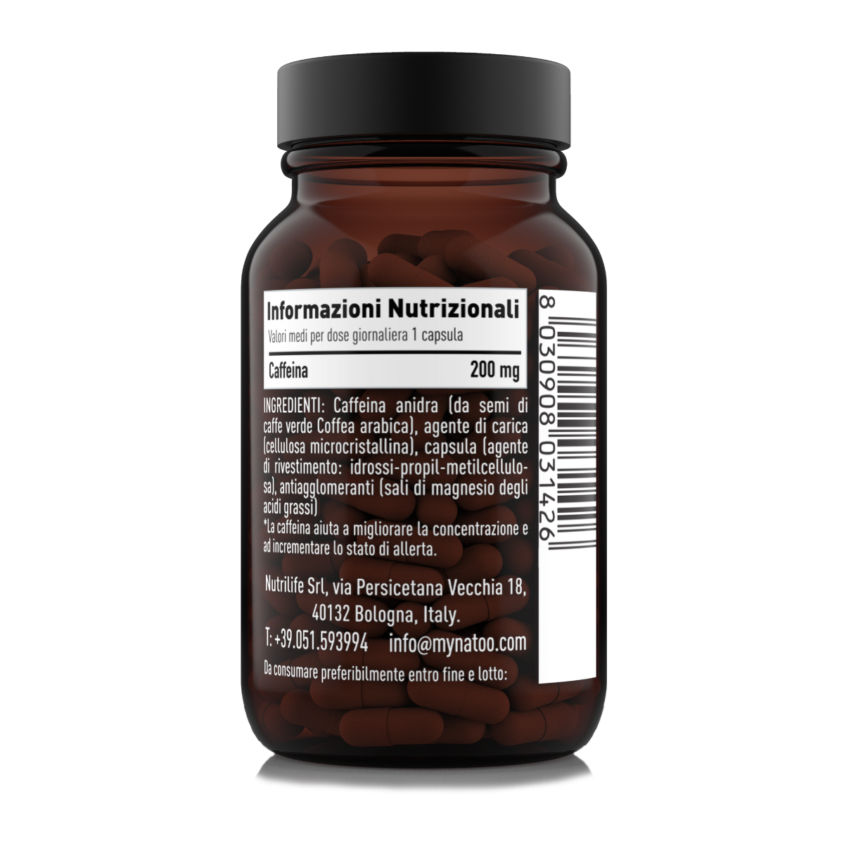Etichetta Caffeina Naturale Natoo con tabella nutrizionale ingredienti e benefici