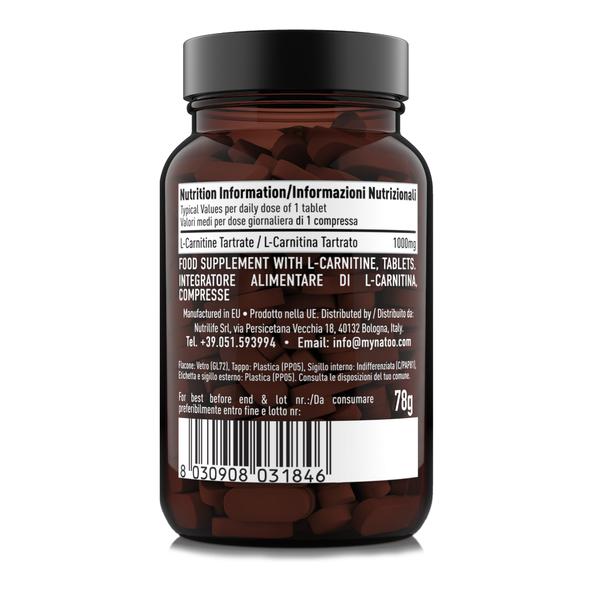 Etichetta L-Carnitina Natoo con tabella nutrizionale