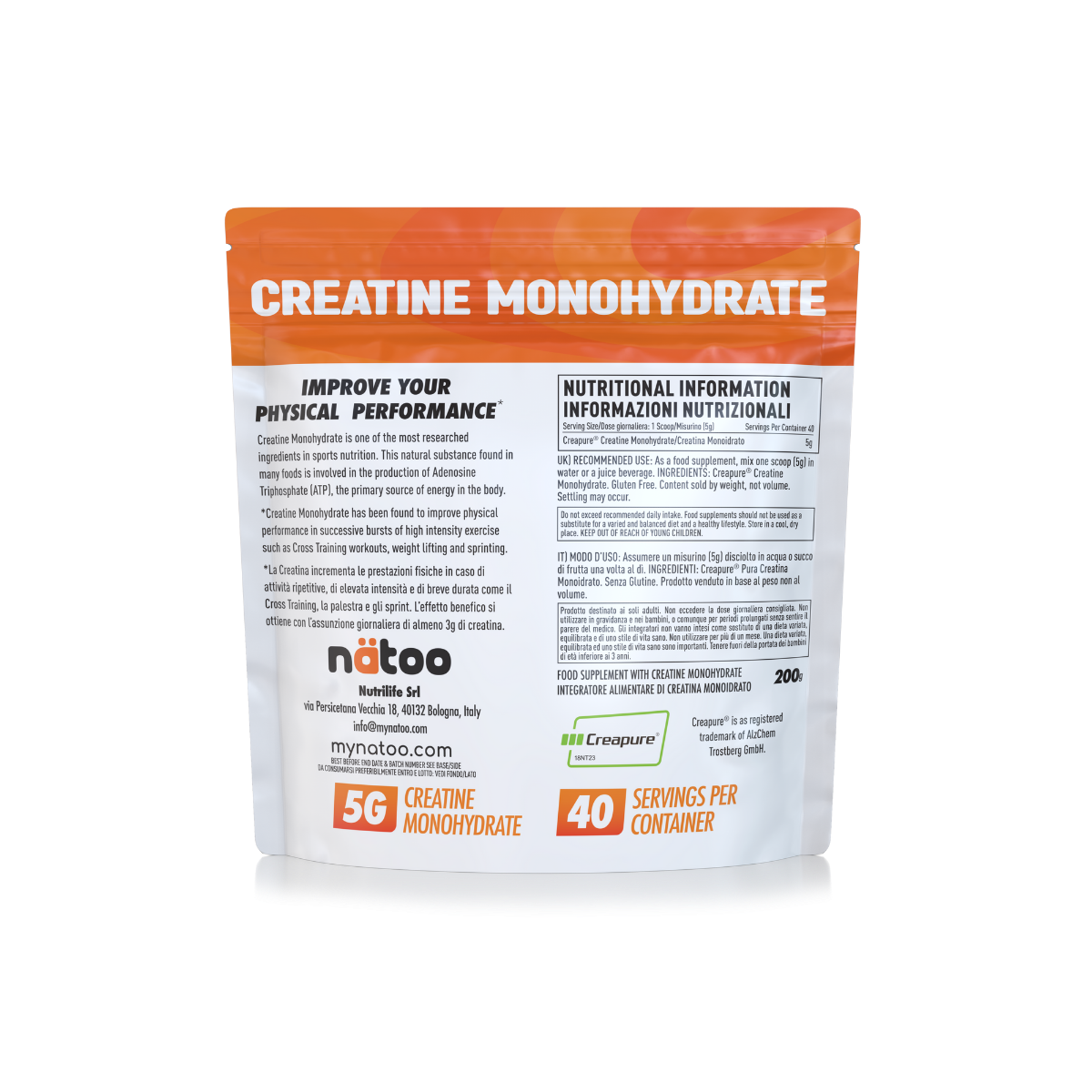 Etichetta nutrizionale creatina monoidrato Creapure Mynatoo 200 g con ingredienti e modalità d’uso