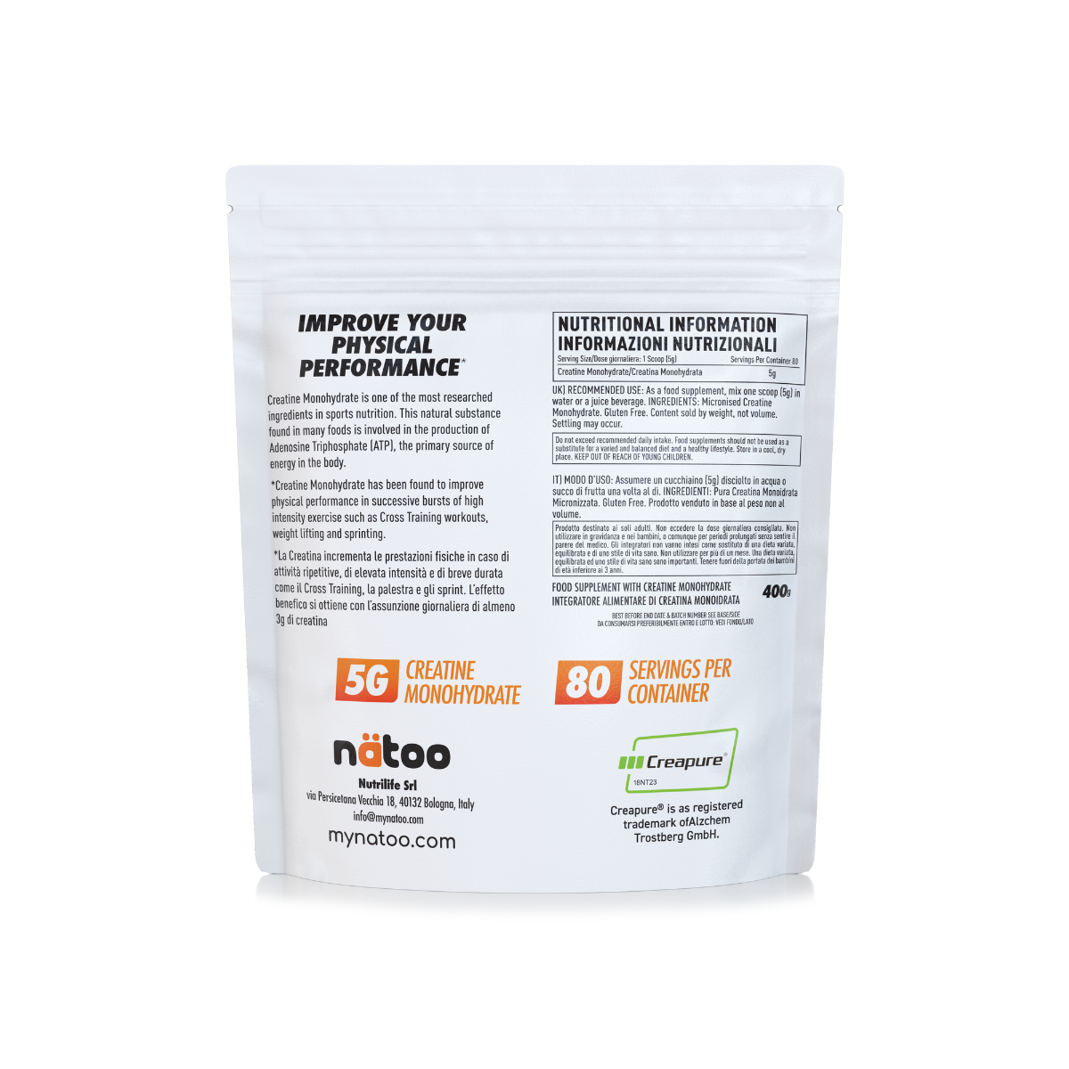 Valori nutrizionali e informazioni prodotto creatina monoidrato Creapure Mynatoo 400 g