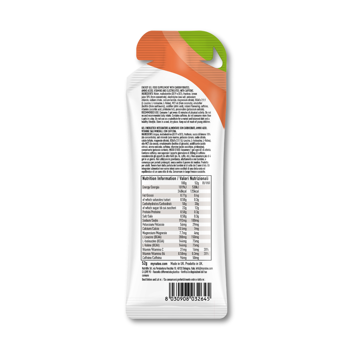 Etichetta valori nutrizionali gel energetico Citrus con caffeina