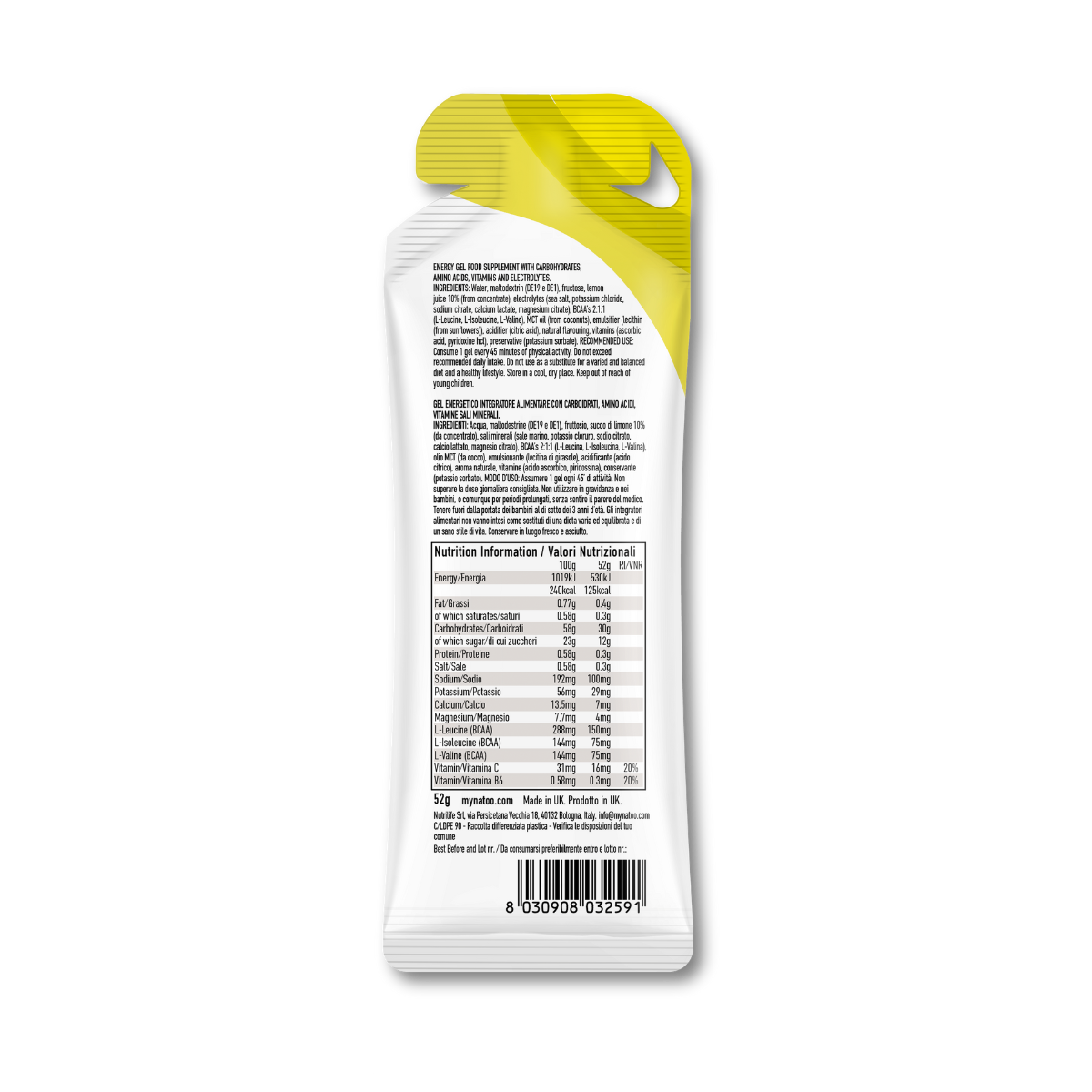 Etichetta valori nutrizionali gel energetico Lemonade