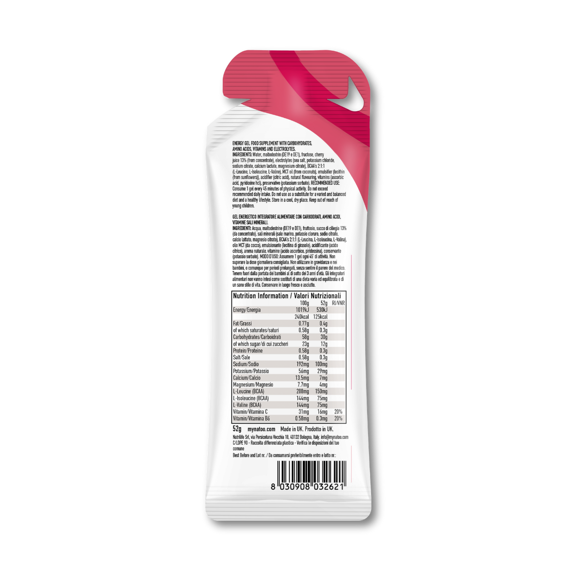 Etichetta valori nutrizionali gel energetico Red Fruits
