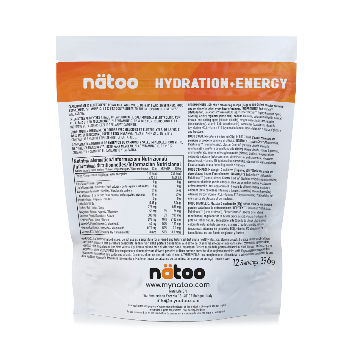 Etichetta con valori nutrizionali e modo d'uso di Hydra Orange Splash 396 g