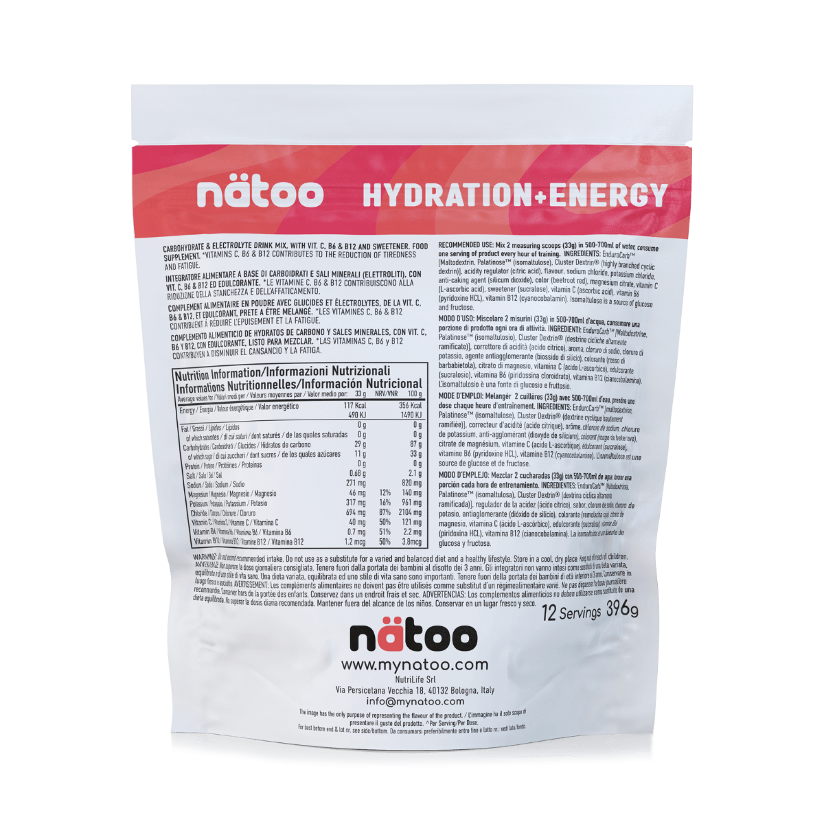 Etichetta con valori nutrizionali e modo d'uso di Hydra Pink Grapefruit 396 g