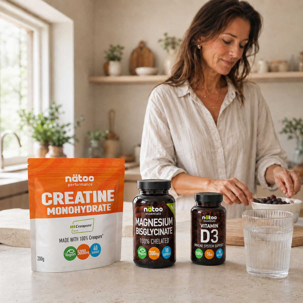 Donna over 40 che prepara la colazione con gli integratori Nätoo sul bancone della cucina