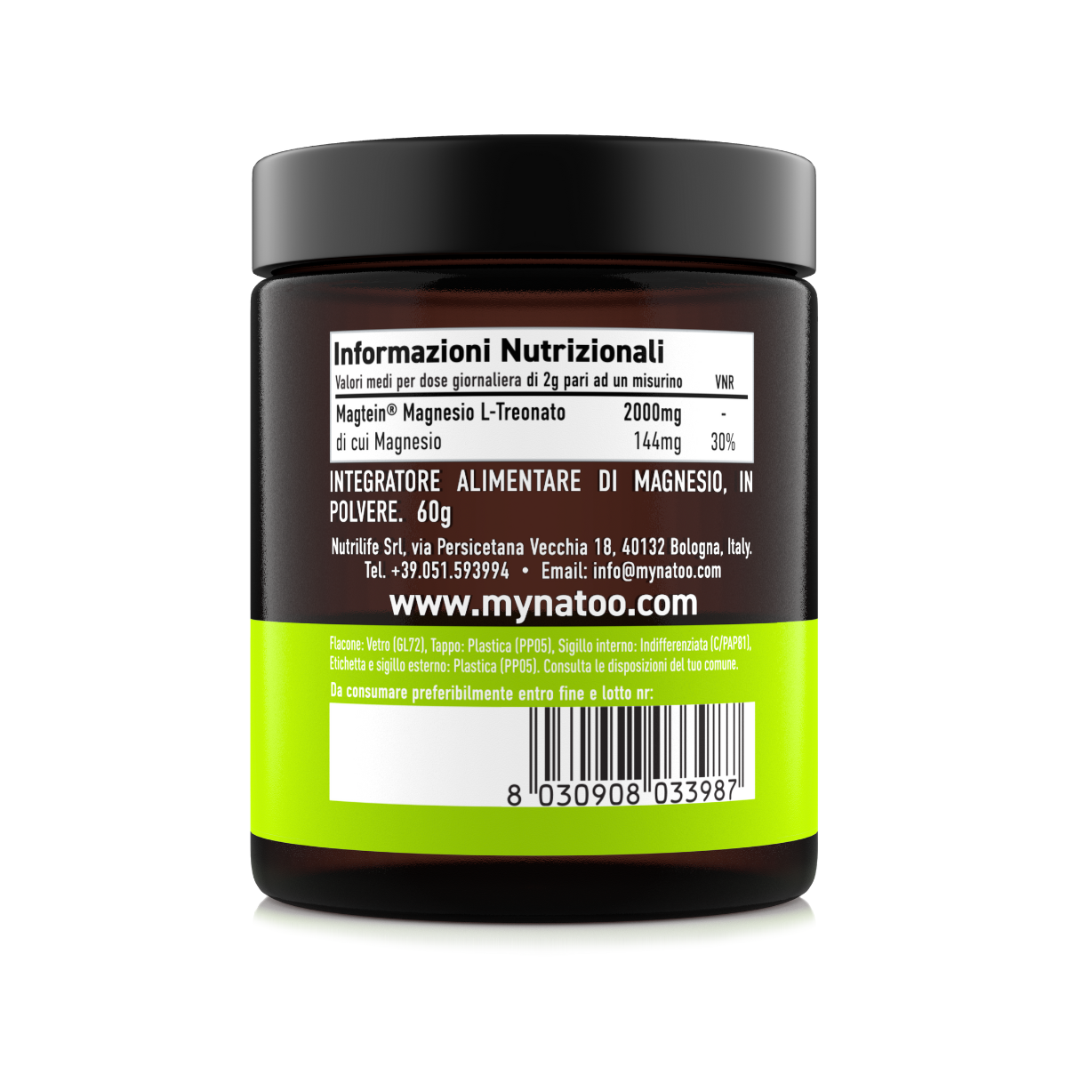 Tabella nutrizionale Magnesio Treonato in polvere Magtein Nätoo - dose da 2 g per misurino