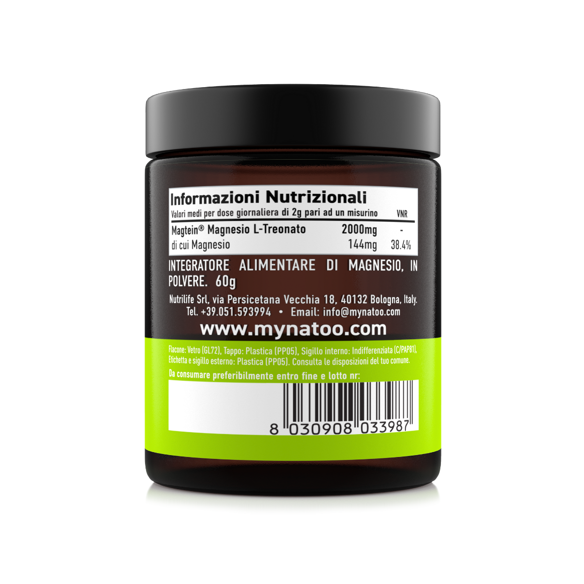 Tabella nutrizionale Magnesio Treonato in polvere Magtein Nätoo - dose da 2 g per misurino