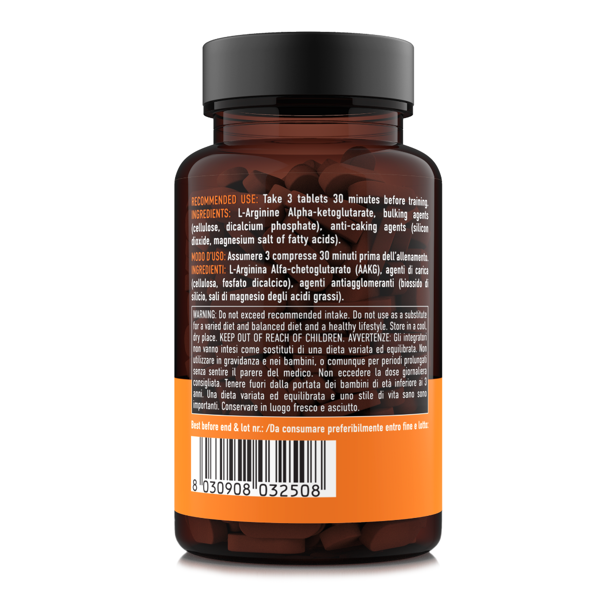 Etichetta laterale destra Nätoo AAKG con ingredienti, modo d'uso e avvertenze – integratore aminoacido in compresse
