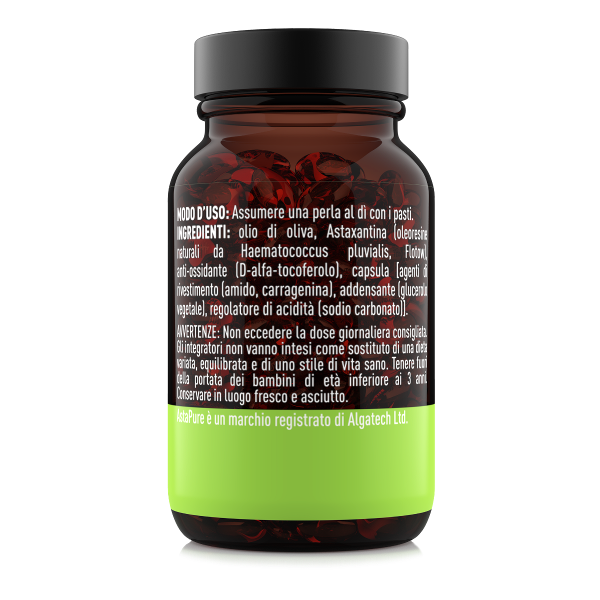 Etichetta laterale destra Nätoo Astaxanthin AstaPure® con ingredienti, modo d'uso e dicitura AstaPure® marchio registrato Algatech Ltd.