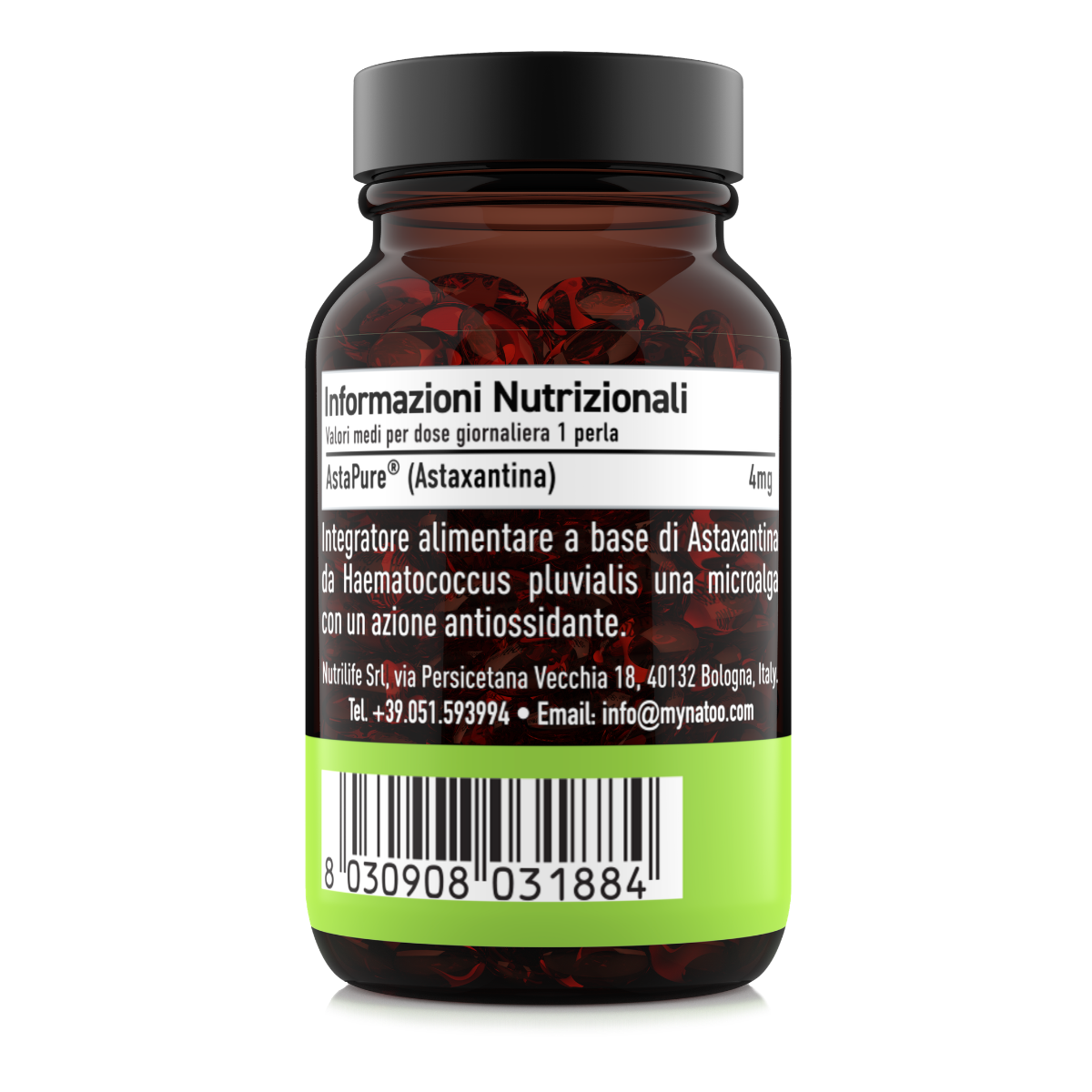 Etichetta laterale sinistra Nätoo Astaxanthin AstaPure® con tabella nutrizionale: 4mg di astaxantina da Haematococcus pluvialis per perla, vegana