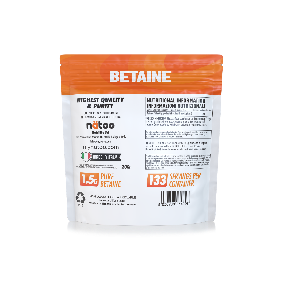 Retro busta Nätoo Betaina 200g con tabella nutrizionale: 1,5g di Betaina pura per misurino, 133 porzioni, ingrediente, modo d'uso e avvertenze