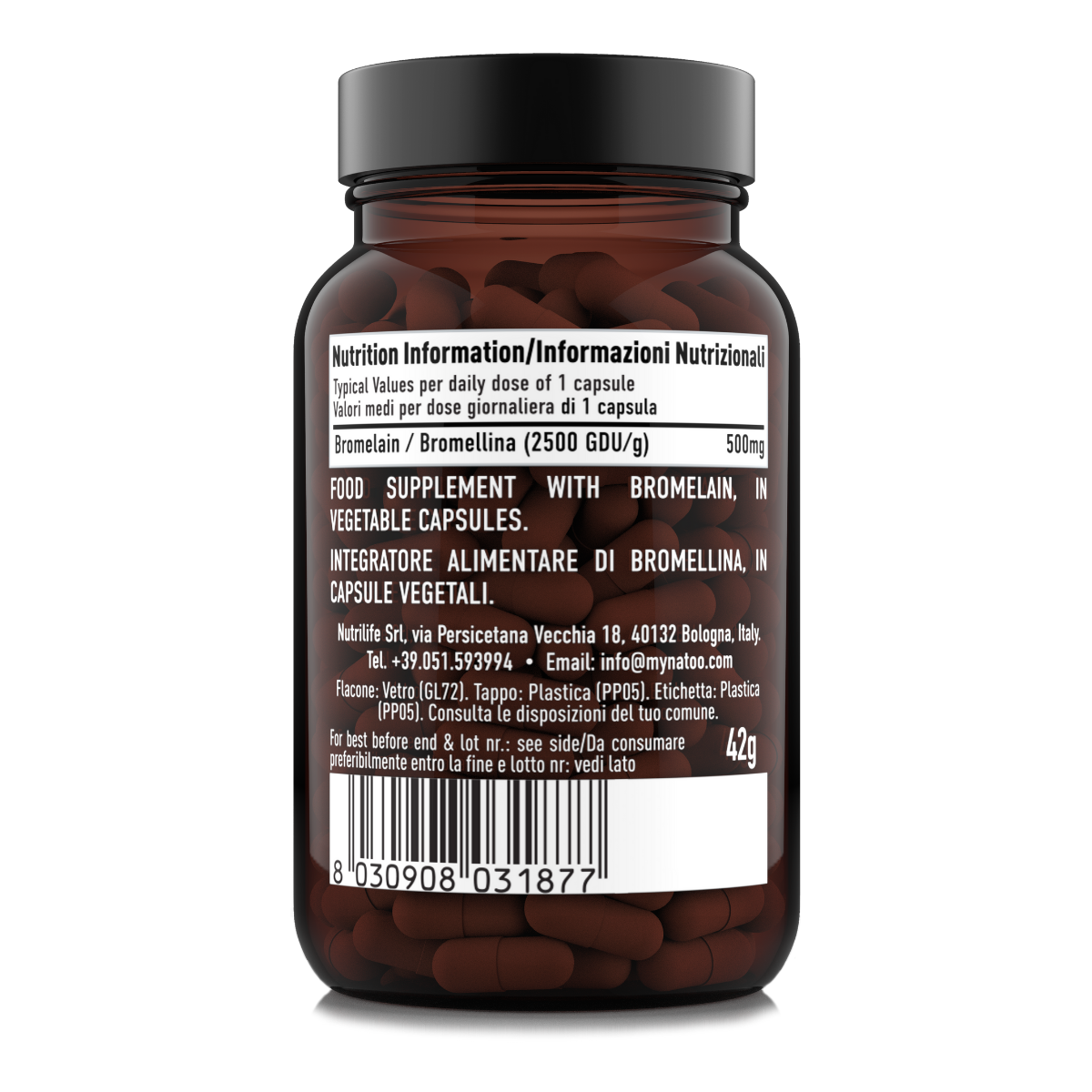 Etichetta posteriore sinistra Nätoo Bromelain in capsule vegetali: 500mg di bromellina 2500 GDU/g per dose giornaliera di 1 capsula, barattolo da 60 capsule, prodotto da Nutrilife Srl, Bologna