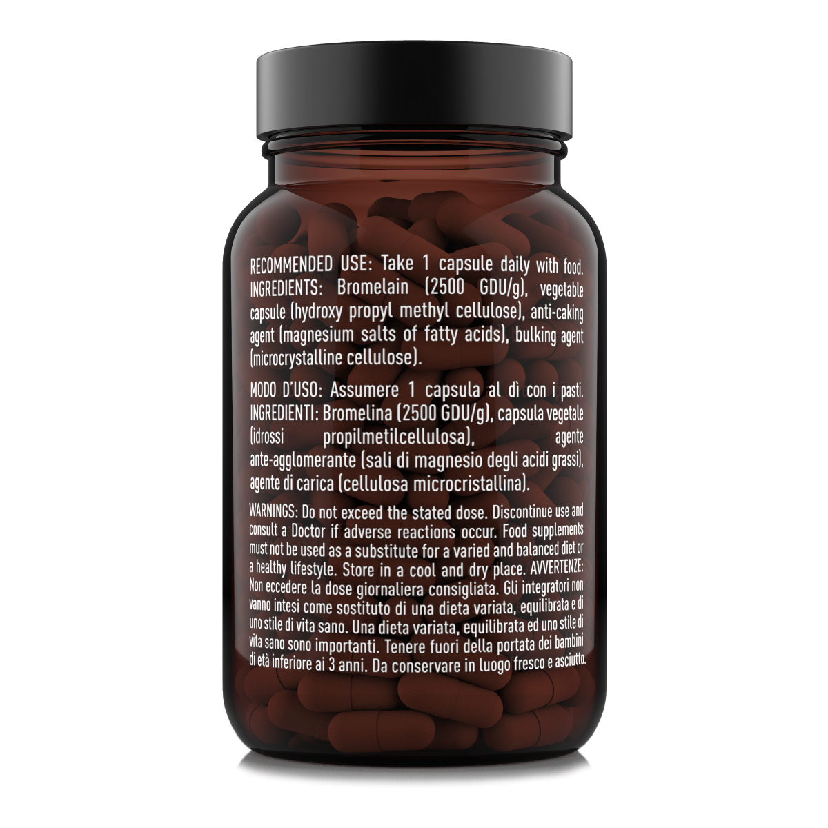 Etichetta posteriore destra Nätoo Bromelain: modo d'uso (1 capsula al dì con i pasti), lista ingredienti completa in italiano e inglese (bromellina 2500 GDU/g, capsula vegetale in idrossipropilmetilcellulosa, sali di magnesio, cellulosa microcristallina) e avvertenze