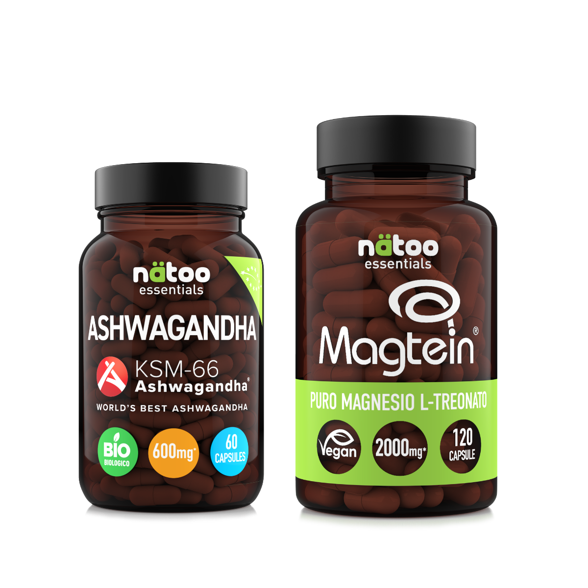 Bundle Nätoo Calma e Memoria Pack in capsule – due barattoli in vetro: Ashwagandha KSM-66® BIO 60 capsule e Magtein® Magnesio L-Treonato 120 capsule, su sfondo nero