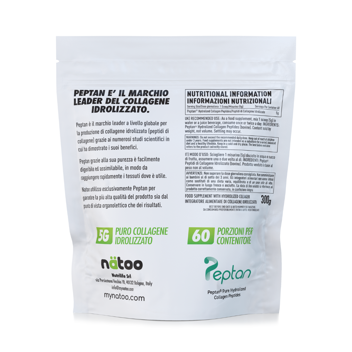 Retro busta Nätoo Collagene Peptan® 300g con tabella nutrizionale, note sul marchio leader Peptan, modo d'uso e ingredienti
