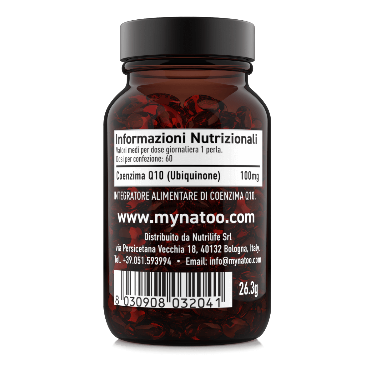Etichetta laterale sinistra Nätoo CoQ10 100mg con tabella nutrizionale: 100mg di Coenzima Q10 (Ubiquinone) per dose giornaliera, 60 dosi per confezione