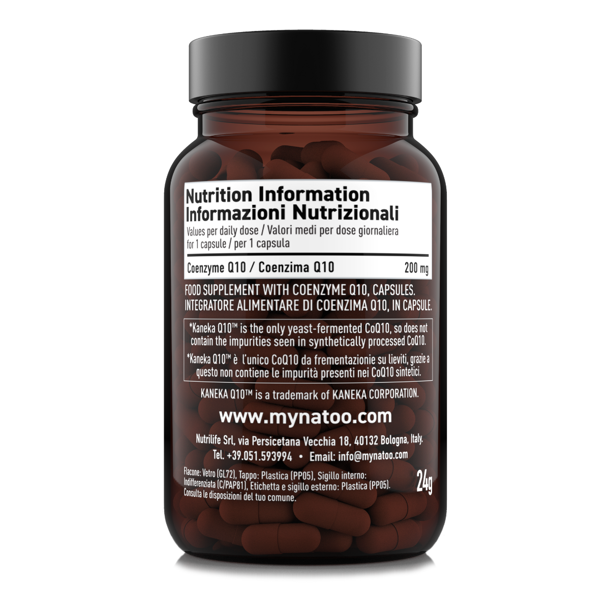 Etichetta laterale sinistra Nätoo CoQ10 Kaneka Q10™ con tabella nutrizionale: 200mg di Coenzima Q10 per dose giornaliera di 1 capsula