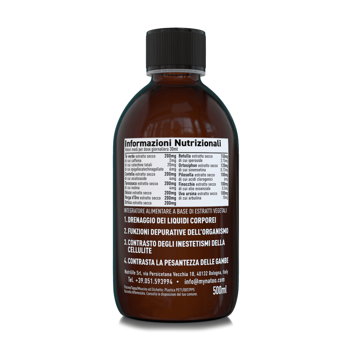 Etichetta posteriore Nätoo Drena Boost 500ml con tabella nutrizionale: 11 estratti vegetali per dose da 30ml, con tè verde, centella, tarassaco, ortosiphon, ortica e altri – claim drenaggio, depurazione, cellulite, pesantezza gambe