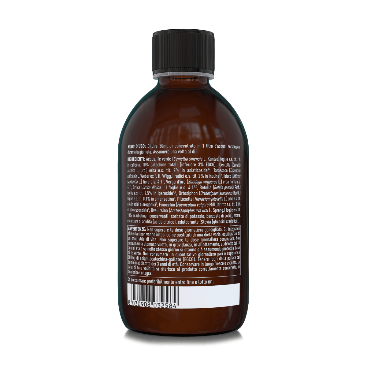Etichetta posteriore Nätoo Drena Boost 500ml con lista ingredienti completa: 11 estratti vegetali botanici (tè verde, centella, tarassaco, ibisco, verga d'oro, ortica, betulla, ortosiphon, pilosella, finocchio, uva ursina), conservanti, aroma, acido citrico, edulcorante Stevia – avvertenze EGCG e tè verde in evidenza