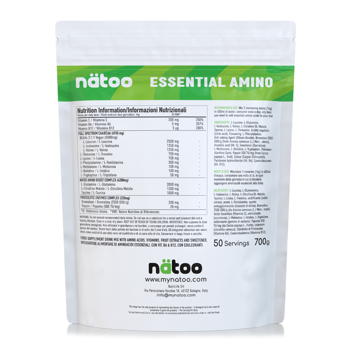 Etichetta posteriore Nätoo Essential Amino gusto Lemon Lime 700g con tabella nutrizionale: EAA/BCAA full spectrum 6950mg, Amino Boost Complex (Glutammina, Citrullina Malato, Taurina), Vitamina C 200mg, B6 5mg, B12 5µg, enzimi digestivi Bromelina e Papaina