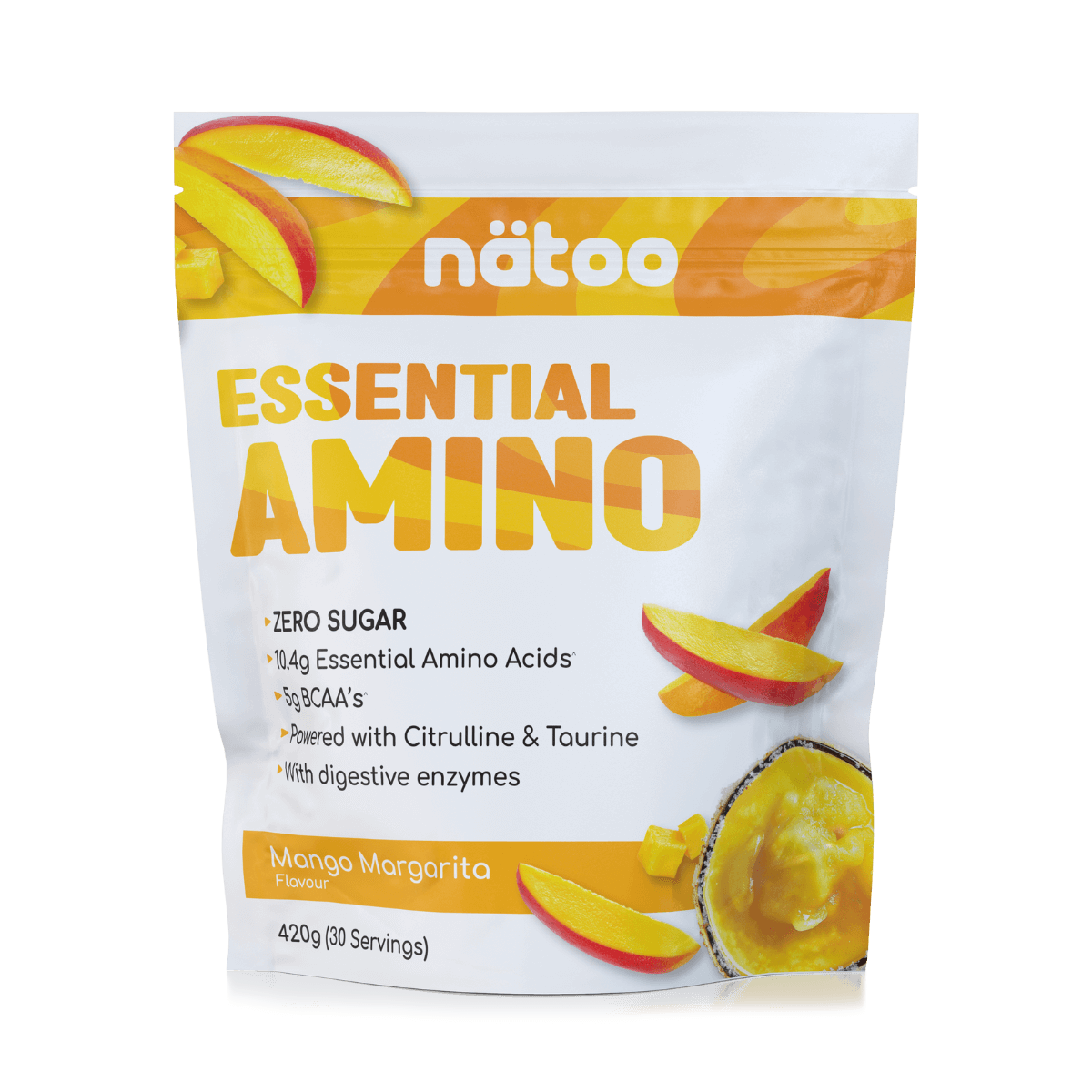 Confezione Nätoo Essential Amino gusto Mango Margarita formato 420g (30 porzioni) – integratore di aminoacidi essenziali EAA e BCAA 2:1:1, zero zuccheri, con Glutammina, Citrullina e Taurina ed enzimi digestivi