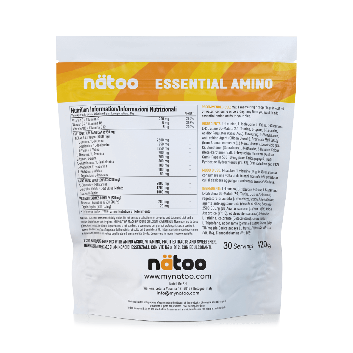 Etichetta posteriore Nätoo Essential Amino gusto Mango Margarita 420g con tabella nutrizionale: EAA/BCAA full spectrum 6950mg, Amino Boost Complex (Glutammina, Citrullina Malato, Taurina), Vitamina C 200mg, B6 5mg, B12 5µg, enzimi digestivi Bromelina e Papaina