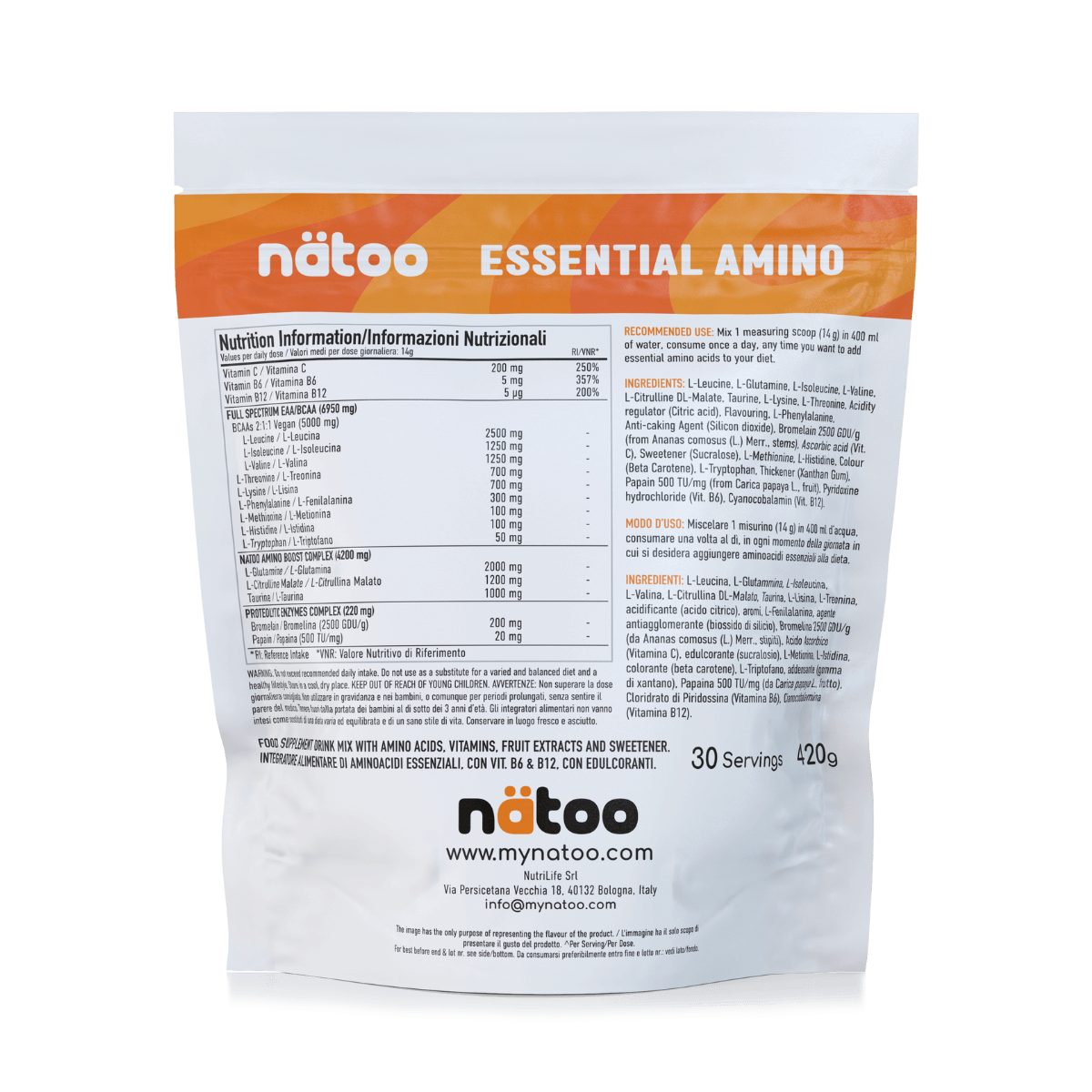 Etichetta posteriore Nätoo Essential Amino gusto Orange Splash 420g con tabella nutrizionale: EAA/BCAA full spectrum 6950mg, Amino Boost Complex (Glutammina, Citrullina Malato, Taurina), Vitamina C 200mg, B6 5mg, B12 5µg, enzimi digestivi Bromelina e Papaina