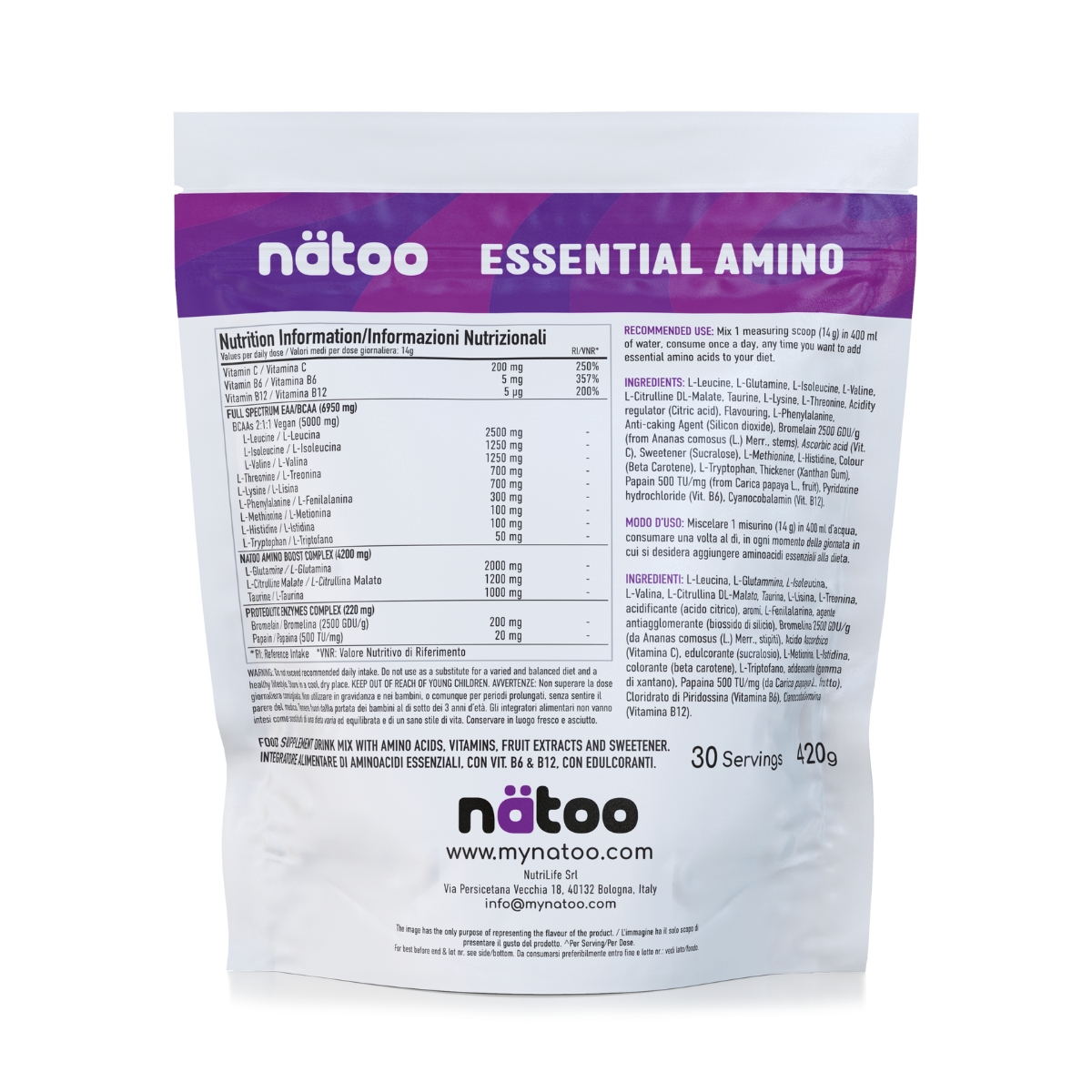 Etichetta posteriore Nätoo Essential Amino gusto Passion Fruit 420g con tabella nutrizionale: EAA/BCAA full spectrum 6950mg, Amino Boost Complex (Glutammina, Citrullina Malato, Taurina), Vitamina C 200mg, B6 5mg, B12 5µg, enzimi digestivi Bromelina e Papaina
