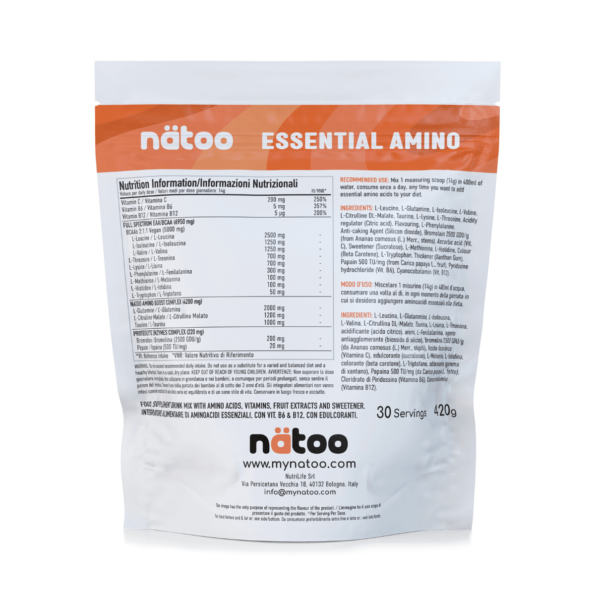 Etichetta posteriore Nätoo Essential Amino gusto Peach Tea 420g con tabella nutrizionale: EAA/BCAA full spectrum 6950mg, Amino Boost Complex (Glutammina, Citrullina Malato, Taurina), Vitamina C 200mg, B6 5mg, B12 5µg, enzimi digestivi Bromelina e Papaina