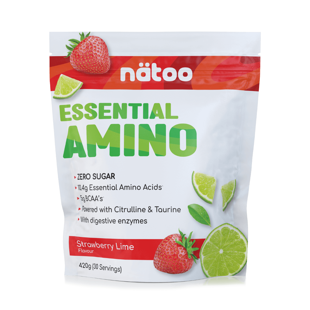 Confezione Nätoo Essential Amino gusto Strawberry Lime formato 420g (30 porzioni) – integratore di aminoacidi essenziali EAA e BCAA 2:1:1, zero zuccheri, con Glutammina, Citrullina e Taurina ed enzimi digestivi