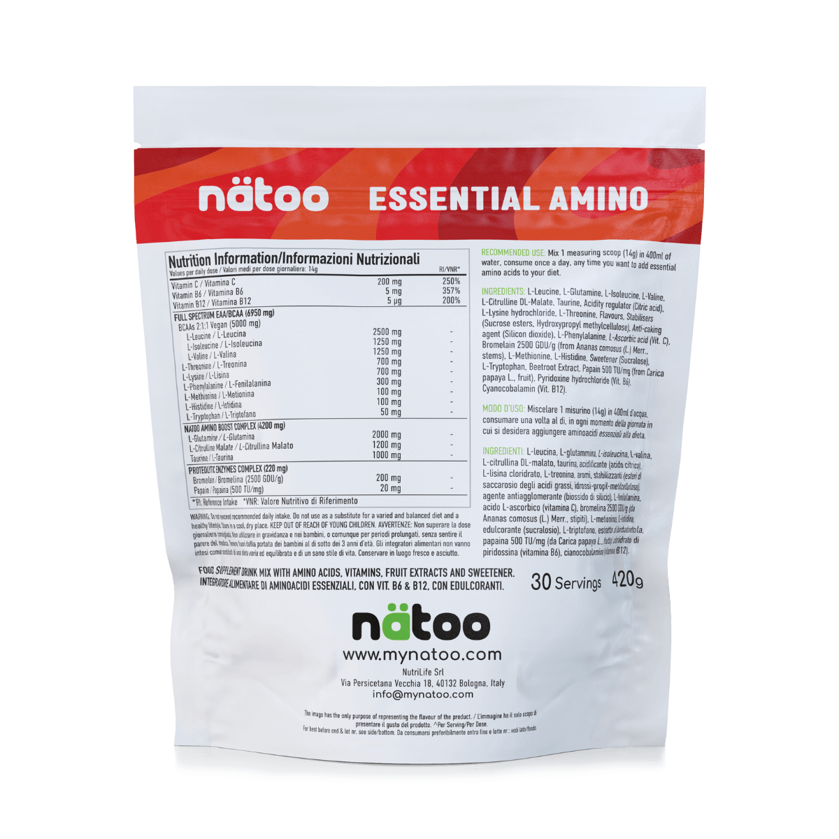 Etichetta posteriore Nätoo Essential Amino gusto Strawberry Lime 420g con tabella nutrizionale: EAA/BCAA full spectrum 6950mg, Amino Boost Complex (Glutammina, Citrullina Malato, Taurina), Vitamina C 200mg, B6 5mg, B12 5µg, enzimi digestivi Bromelina e Papaina