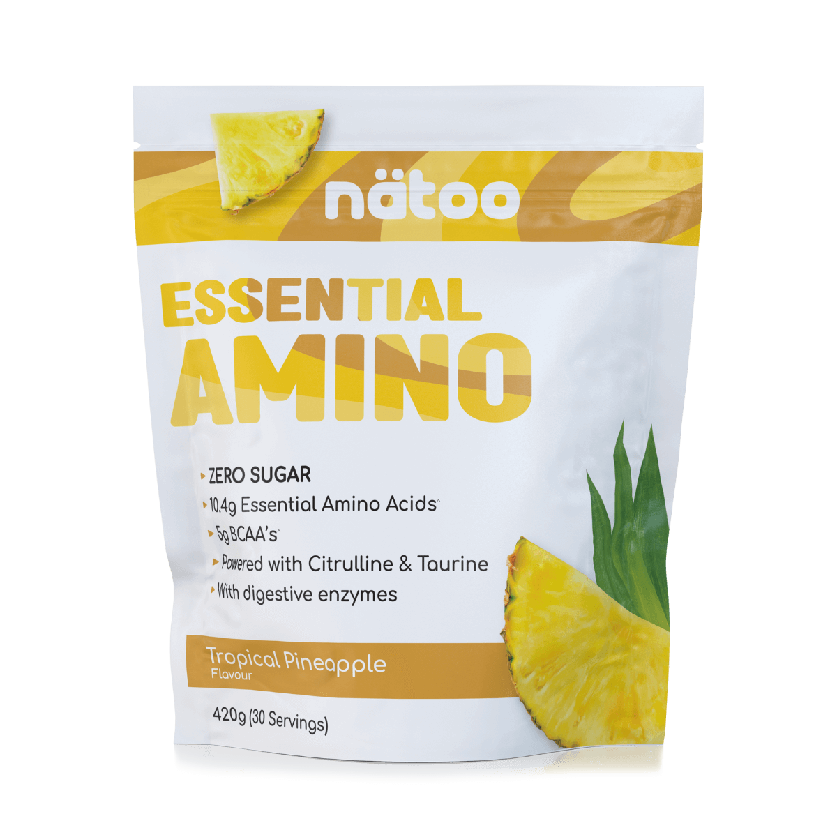 Confezione Nätoo Essential Amino gusto Tropical Pineapple formato 420g (30 porzioni) – integratore di aminoacidi essenziali EAA e BCAA 2:1:1, zero zuccheri, con Glutammina, Citrullina e Taurina ed enzimi digestivi