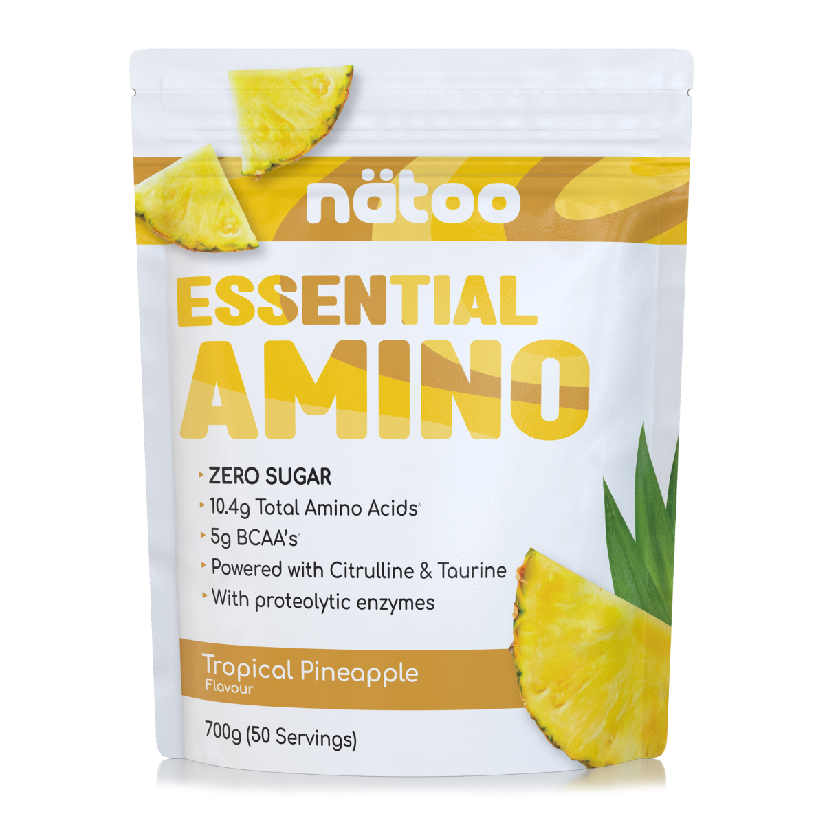 Confezione Nätoo Essential Amino gusto Tropical Pineapple formato 700g (50 porzioni) – integratore di aminoacidi essenziali EAA e BCAA 2:1:1, zero zuccheri, con Glutammina, Citrullina e Taurina ed enzimi digestivi