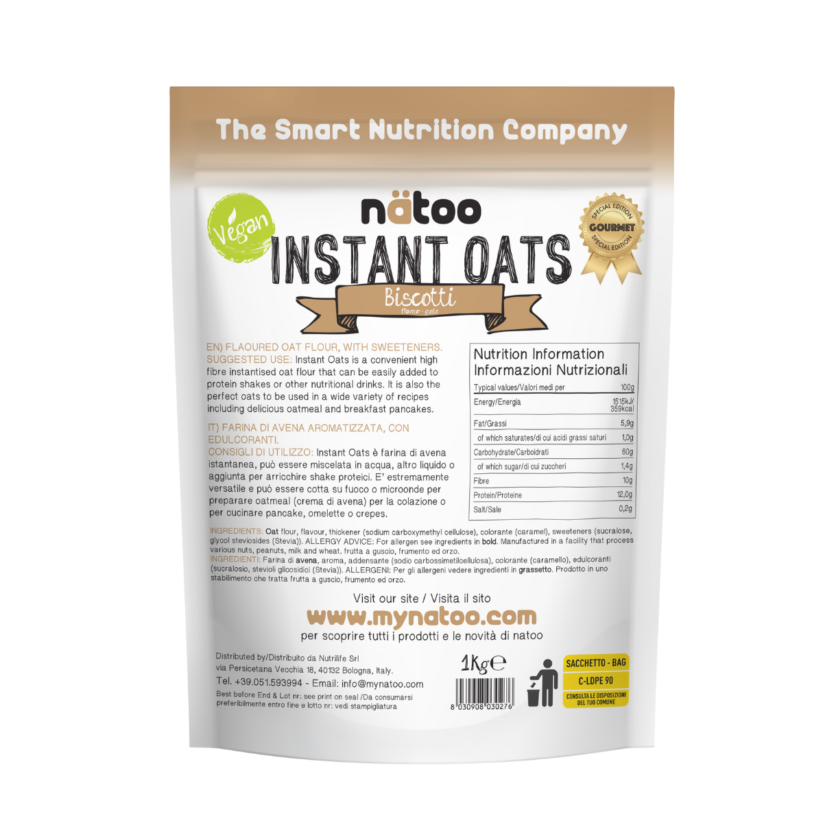 Etichetta posteriore Nätoo Instant Oats gusto Biscotti 1kg con tabella nutrizionale (372kcal, 12g proteine, 9,7g fibre per 100g), ingredienti e modalità d'uso