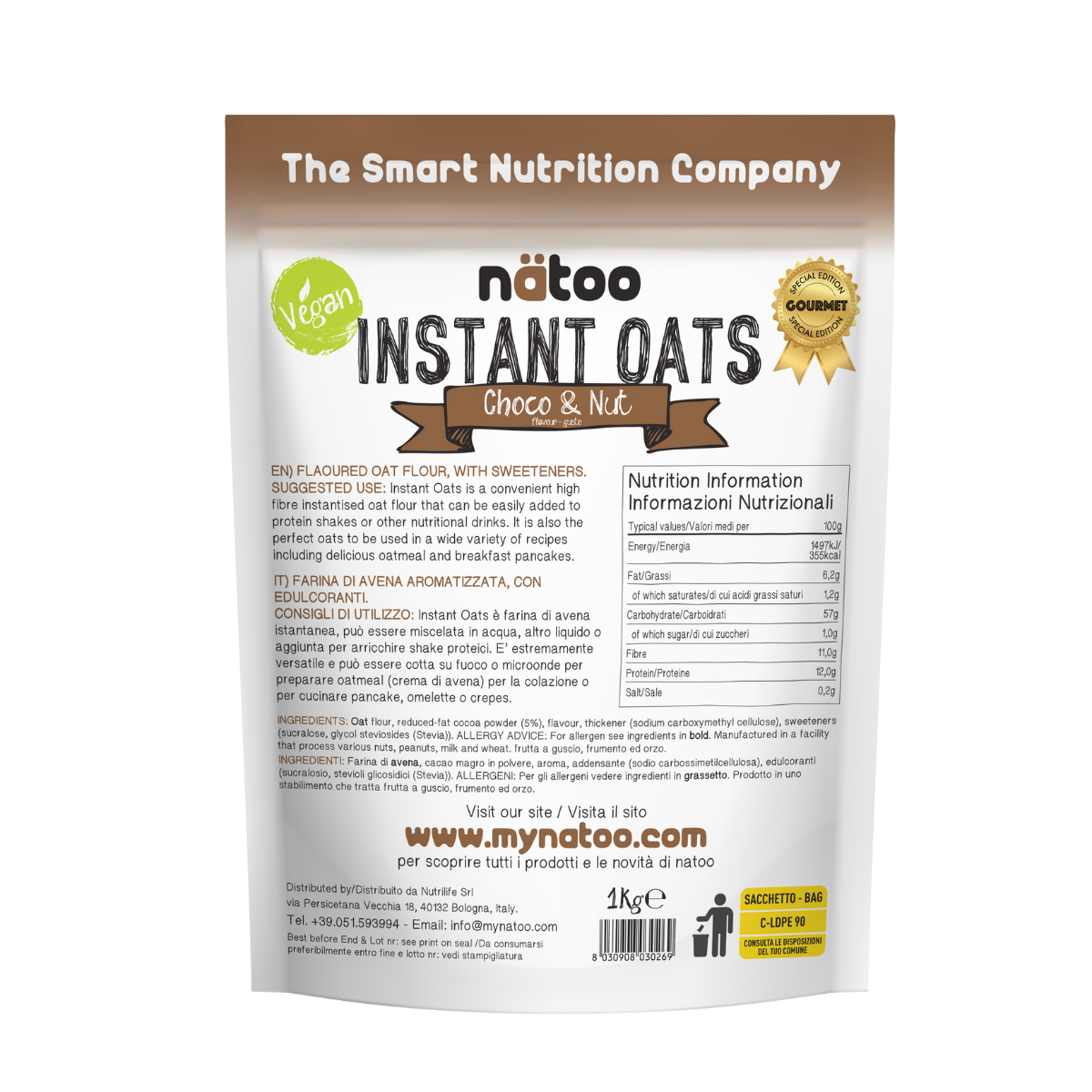 Etichetta posteriore Nätoo Instant Oats gusto Choco&Nut 1kg con tabella nutrizionale (372kcal, 12g proteine, 9,7g fibre per 100g), ingredienti e modalità d'uso