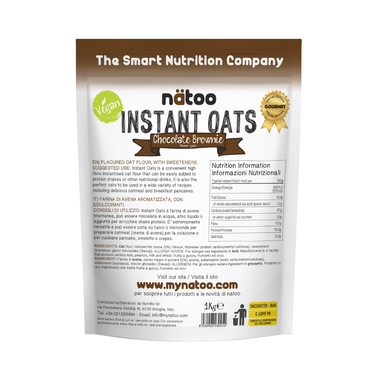 Etichetta posteriore Nätoo Instant Oats gusto Chocolate Brownie 1kg con tabella nutrizionale (372kcal, 12g proteine, 9,7g fibre per 100g), ingredienti e modalità d'uso