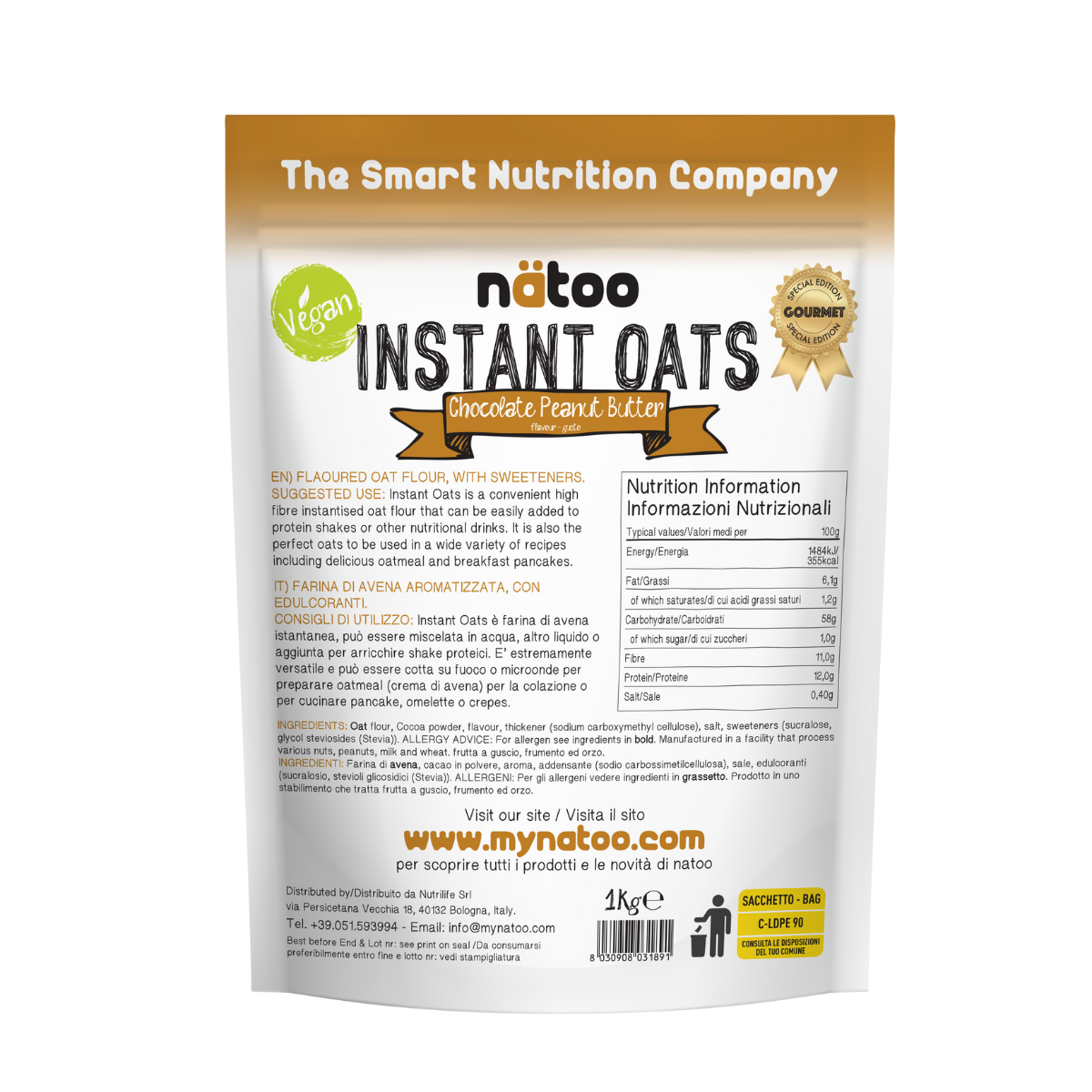 Etichetta posteriore Nätoo Instant Oats gusto Chocolate Peanut 1kg con tabella nutrizionale (372kcal, 12g proteine, 9,7g fibre per 100g), ingredienti e modalità d'uso