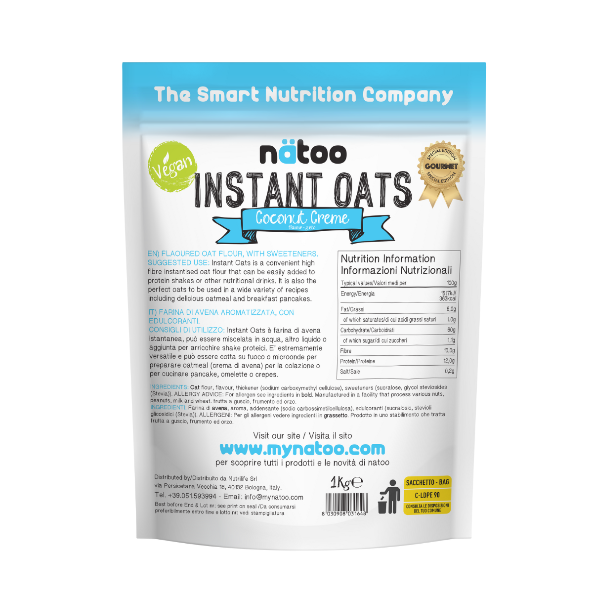 Etichetta posteriore Nätoo Instant Oats gusto Coconut Creme 1kg con tabella nutrizionale (372kcal, 12g proteine, 9,7g fibre per 100g), ingredienti e modalità d'uso