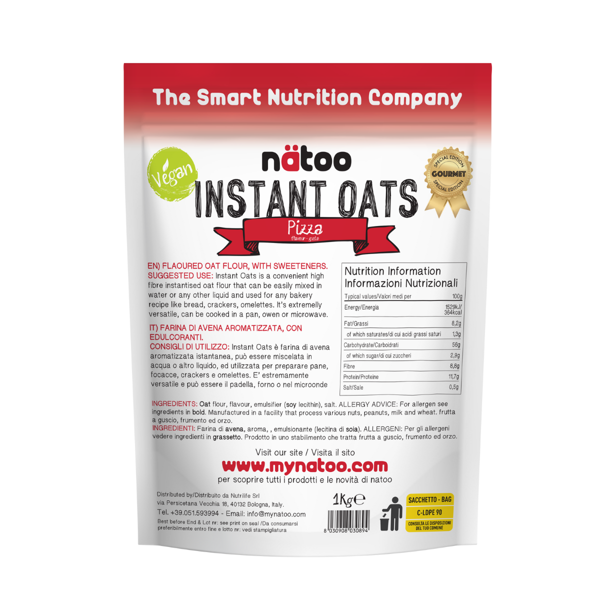 Etichetta posteriore Nätoo Instant Oats gusto Pizza 1kg con tabella nutrizionale (372kcal, 12g proteine, 9,7g fibre per 100g), ingredienti e modalità d'uso