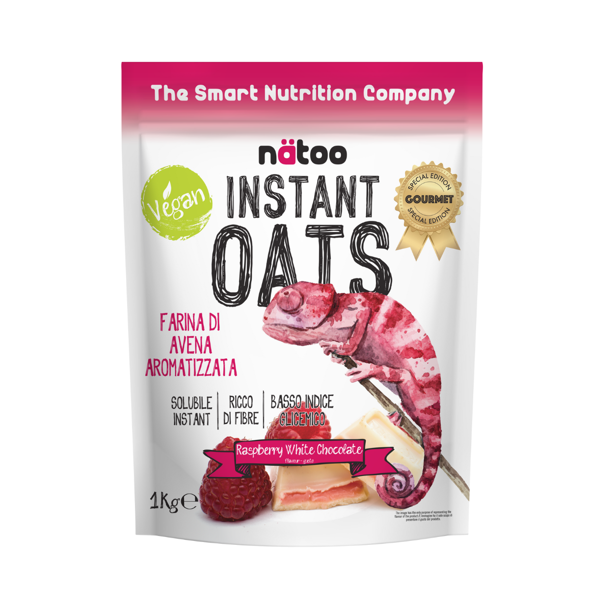 Confezione Nätoo Instant Oats farina d'avena istantanea gusto Raspberry White Chocolate 1kg – farina d'avena gourmet ricca di fibre e beta-glucani, basso indice glicemico, vegan