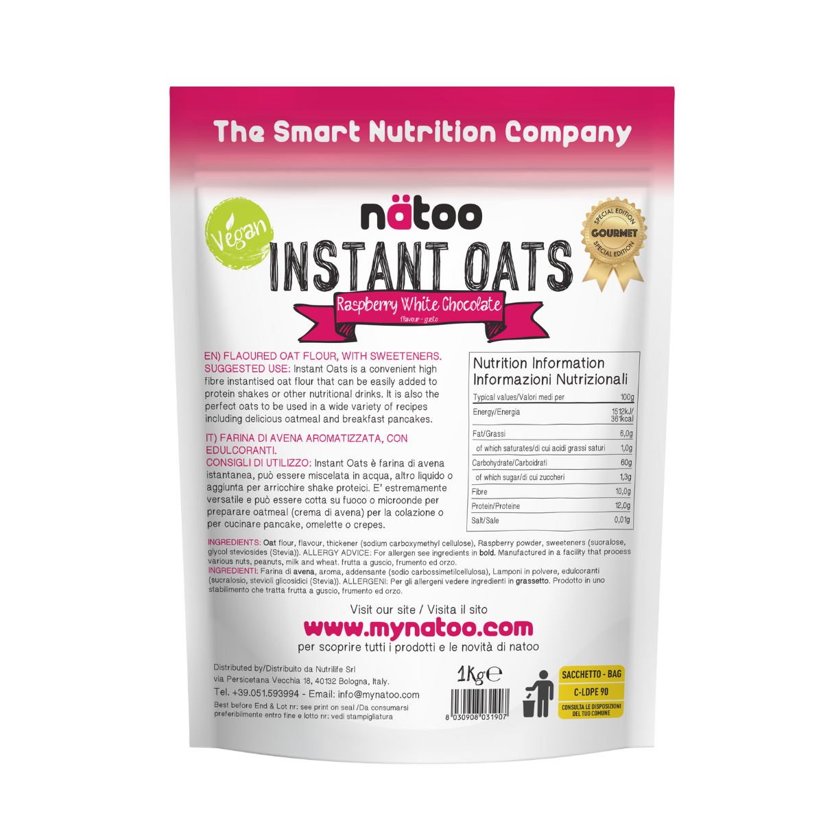 Etichetta posteriore Nätoo Instant Oats gusto Raspberry White Chocolate 1kg con tabella nutrizionale (372kcal, 12g proteine, 9,7g fibre per 100g), ingredienti e modalità d'uso