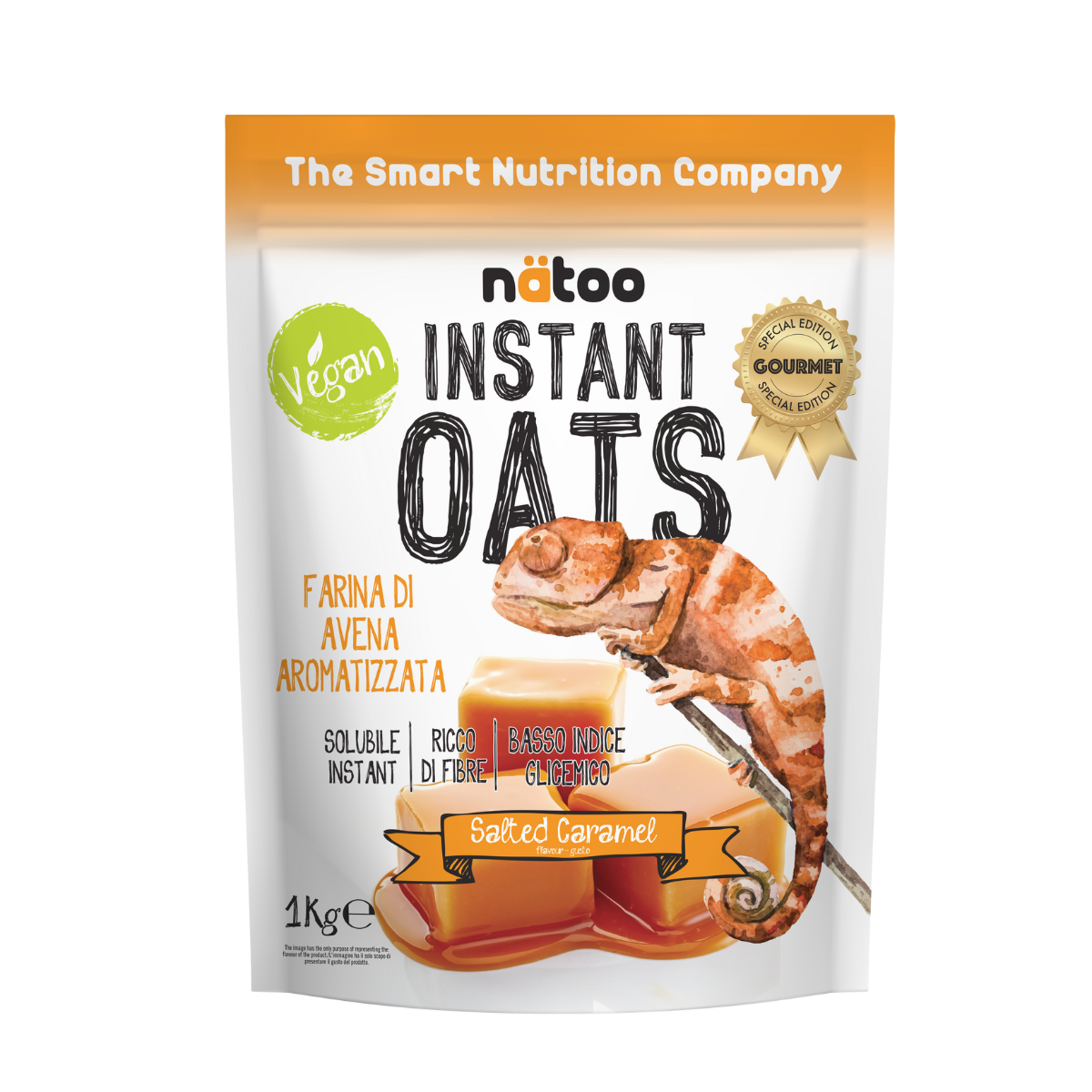 Confezione Nätoo Instant Oats farina d'avena istantanea gusto Salted Caramel 1kg – farina d'avena gourmet ricca di fibre e beta-glucani, basso indice glicemico, vegan